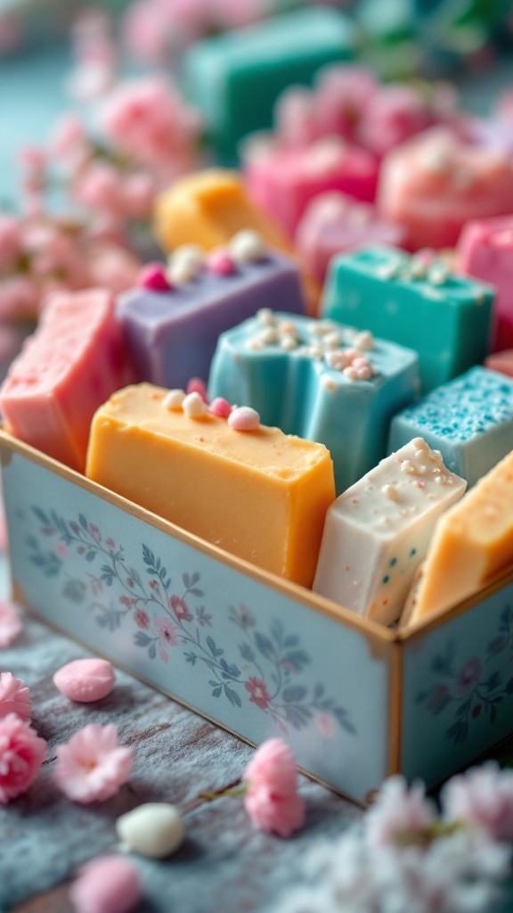 A variety of colorful handmade soap bars in a decorative box surrounded by flowers.
