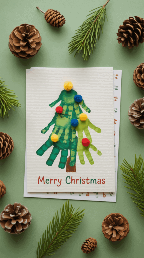 A Christmas card featuring a handprint-designed Christmas tree decorated with colorful pom-poms, surrounded by pinecones and evergreen branches on a green background, with the text 'Merry Christmas' at the bottom.