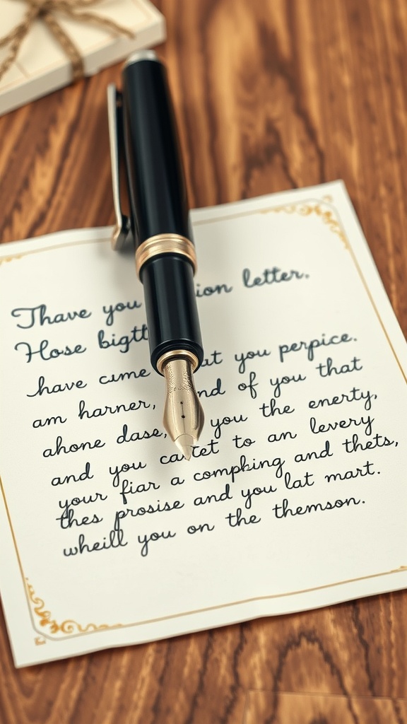 A close-up of a pen resting on a handwritten letter, with a gift box in the background.