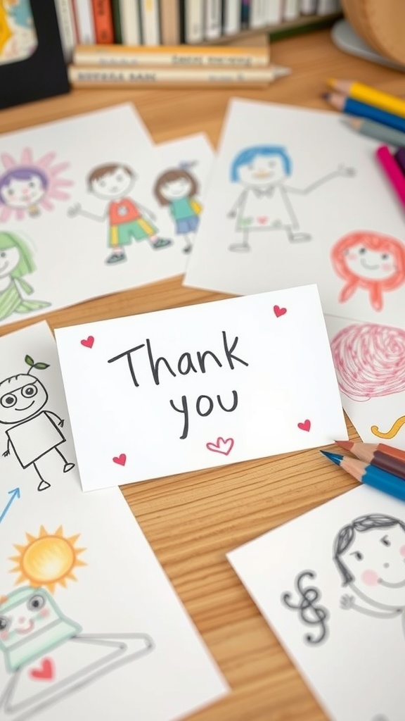 A collection of colorful thank you cards made by students, with a central card saying 'Thank you' and various drawings around it.