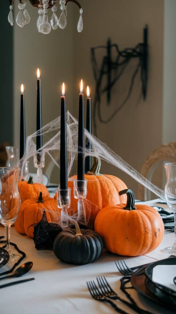 A Halloween-themed dining table with black candles, pumpkins, and cobwebs, set with plates and cutlery on a white tablecloth.