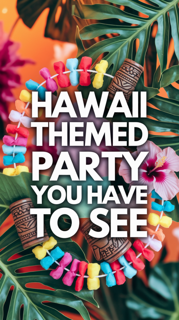 Colorful banner with the text "Hawaii Themed Party You Have to See" surrounded by tropical leaves, bright floral decorations, and tiki cups.