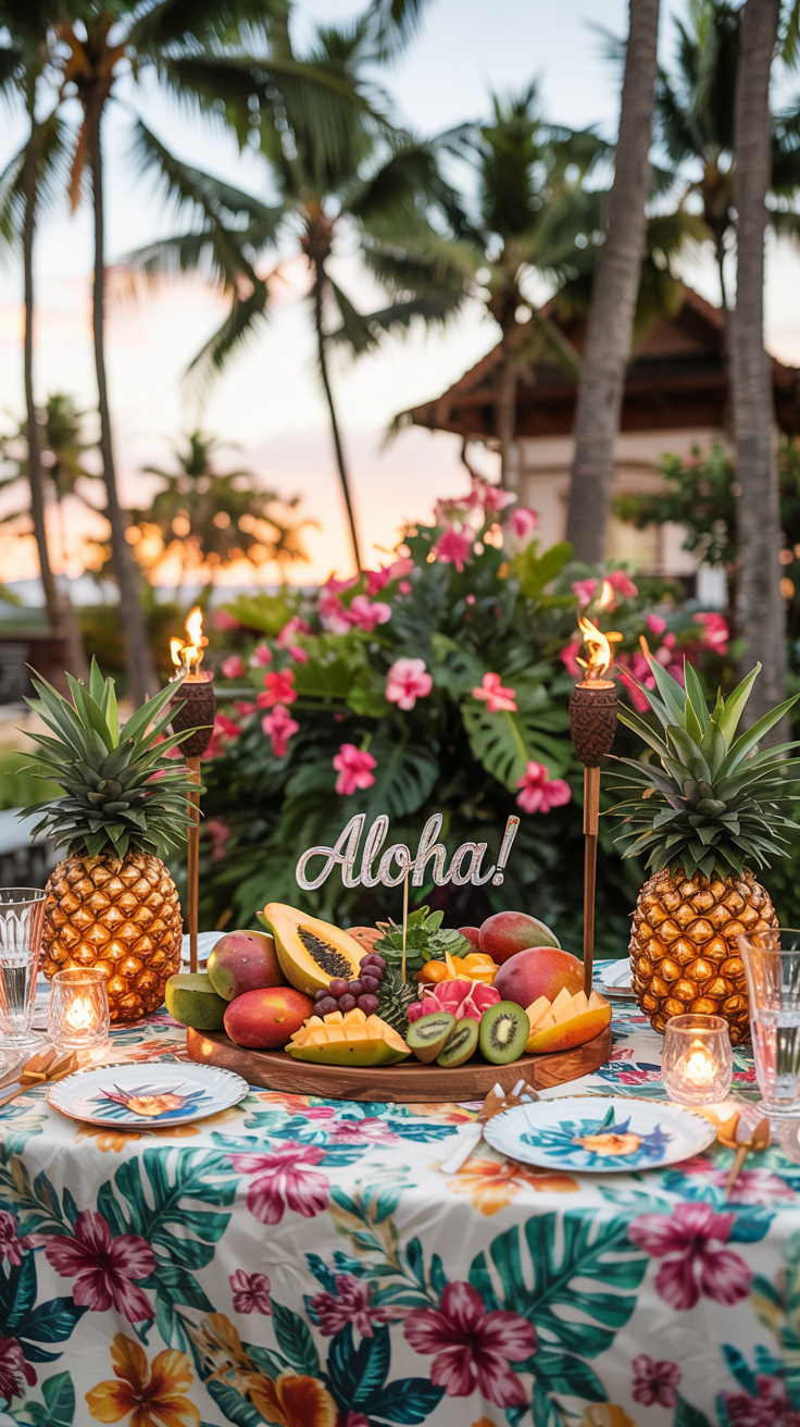 A tropical-themed table setting features a colorful tablecloth with floral patterns, a centerpiece of assorted fruits including papaya, kiwi, and mango, and a decorative "Aloha!" sign. The arrangement is flanked by pineapples and tiki torches, set against a backdrop of pink hibiscus flowers and palm trees at sunset.