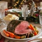 A festive dinner table set with a plate of sliced prime rib surrounded by roasted carrots and Brussels sprouts, accompanied by a bowl of mashed potatoes, with a blurred Christmas tree with lights in the background.