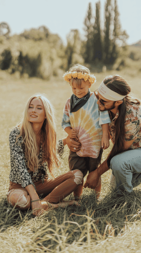 A woman, a child wearing a tie-dye shirt and flower crown, and a man sitting together on grass in a sunny field, sharing a loving moment.