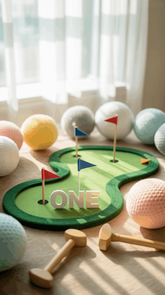 A miniature golf course setup with a green track, small flags, and the word "ONE" in white letters on top. Various large, pastel-colored golf balls and small wooden mallets are arranged around the course, with sunlight streaming through a nearby window.
