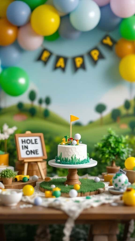 A festive birthday setup with a golf-themed cake, balloons, and decorations.