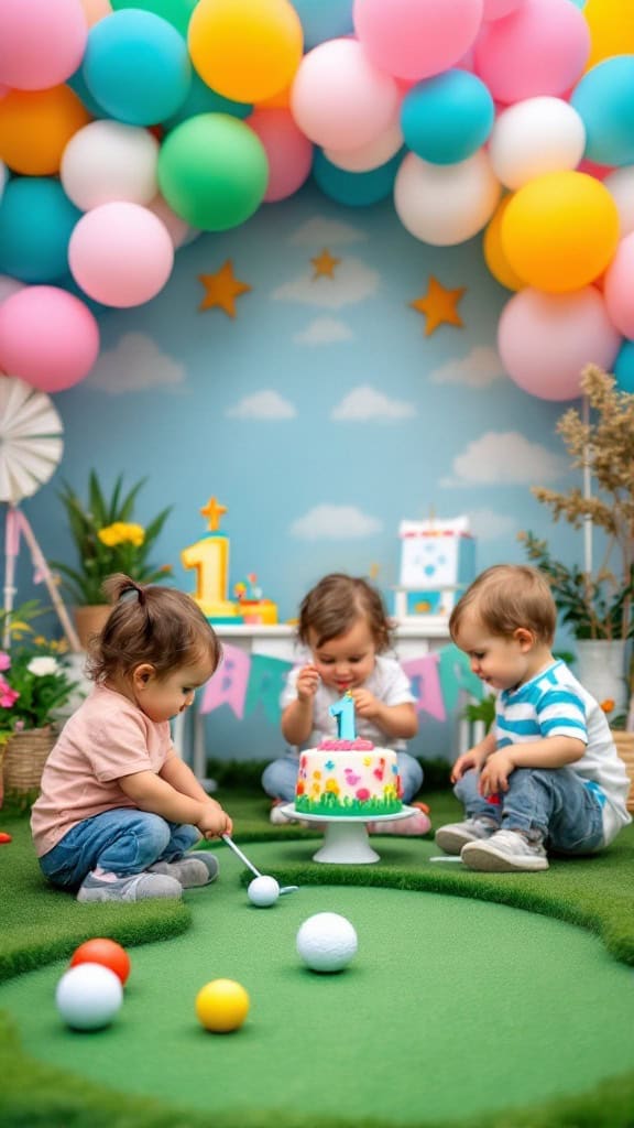 Children playing mini golf at a colorful birthday party