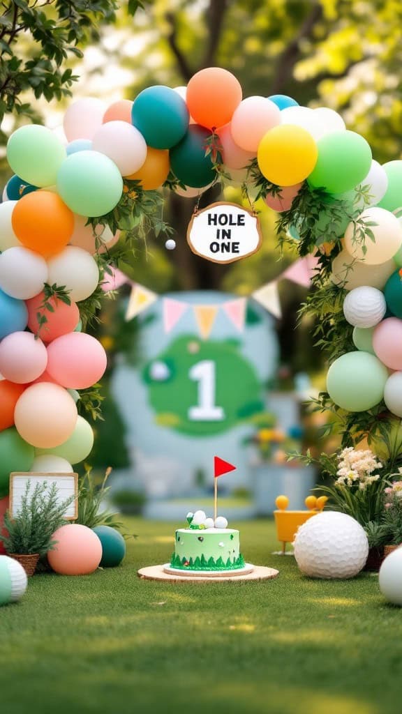 A colorful balloon arch with the text 'HOLE IN ONE' above a green birthday cake decorated with a golf flag.