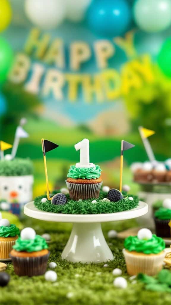 Cupcakes decorated for a golf-themed first birthday party