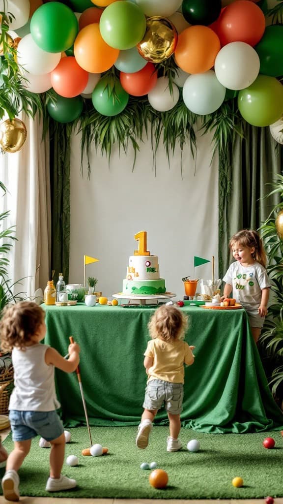 Colorful balloons and decorations for a hole in one first birthday party.