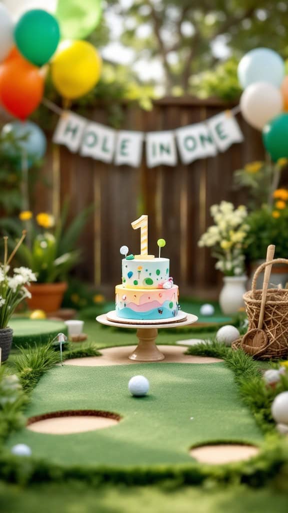 A colorful birthday setup with a cake, balloons, and a mini golf theme for a first birthday celebration.