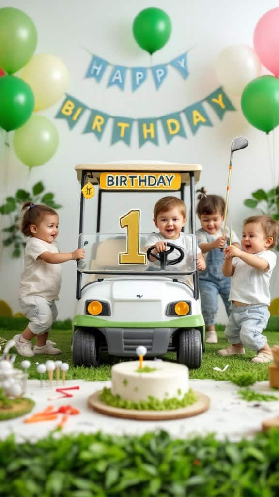 A joyful first birthday celebration featuring a golf cart theme with colorful decorations and children playing.