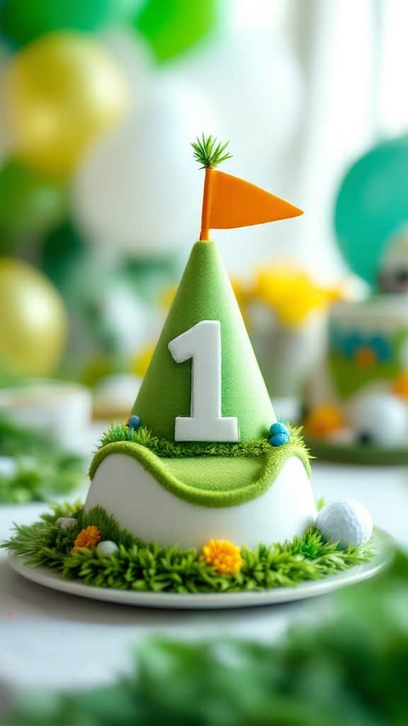 A green birthday hat shaped like a golf course with a flag and the number 1 on it.