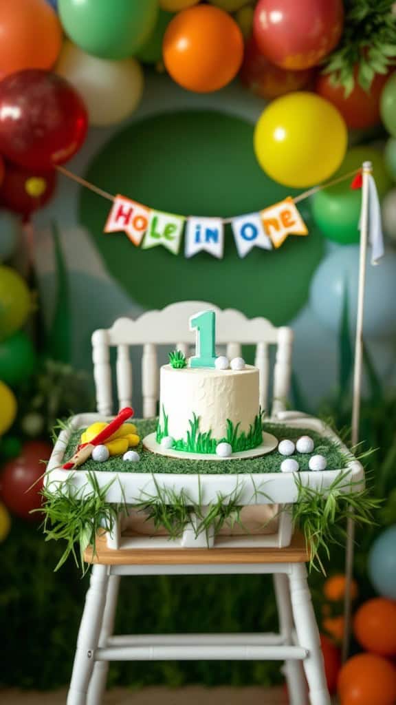A high chair decorated for a hole-in-one themed first birthday, featuring a cake, golf balls, and colorful balloons.