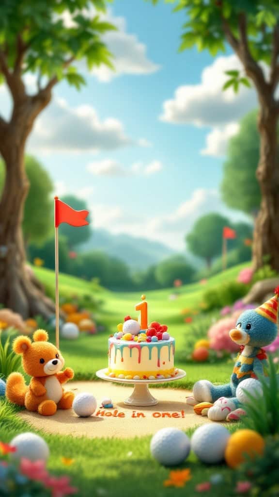 A birthday cake with the number one, surrounded by plush toys and golf balls in a sunny outdoor setting.