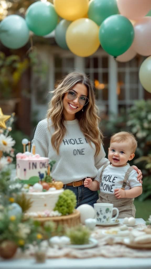 Mom and baby in matching outfits for a hole in one first birthday celebration.