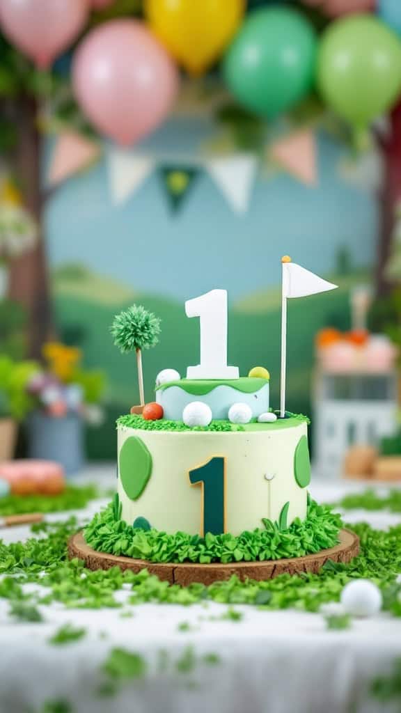 A colorful themed cake for a first birthday with golf decorations and the number one on top.