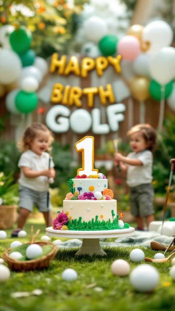 A festive first birthday celebration with a golf theme, featuring a decorated cake and children enjoying the party.