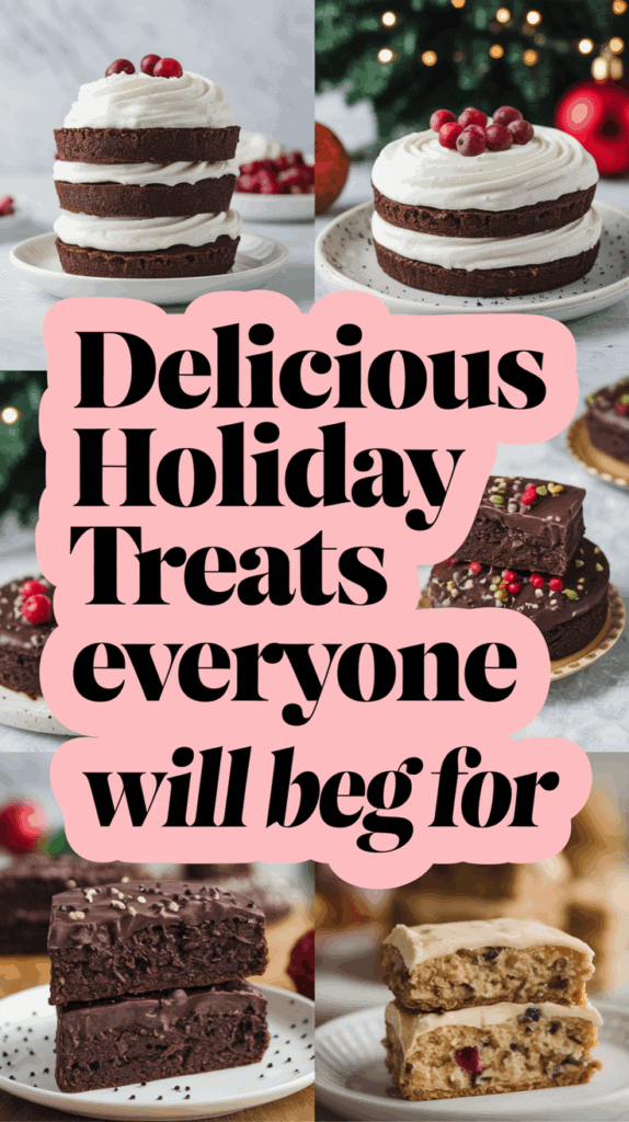 Collage of holiday desserts including layered chocolate cakes with cream and berries, chocolate ganache brownies with sprinkles, and frosted cake slices, with bold text reading "Delicious Holiday Treats everyone will beg for."