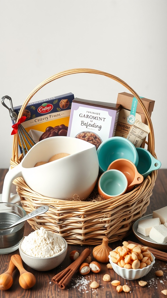 A gift basket filled with baking essentials including a mixing bowl, measuring cups, flour, and spices.
