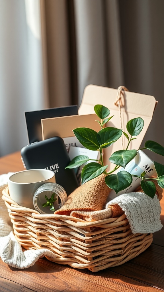 A gift basket filled with cozy items for a home office, including a plant, a mug, and a blanket.
