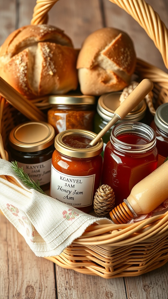 A gift basket filled with various jars of homemade jams and honey, accompanied by fresh bread.