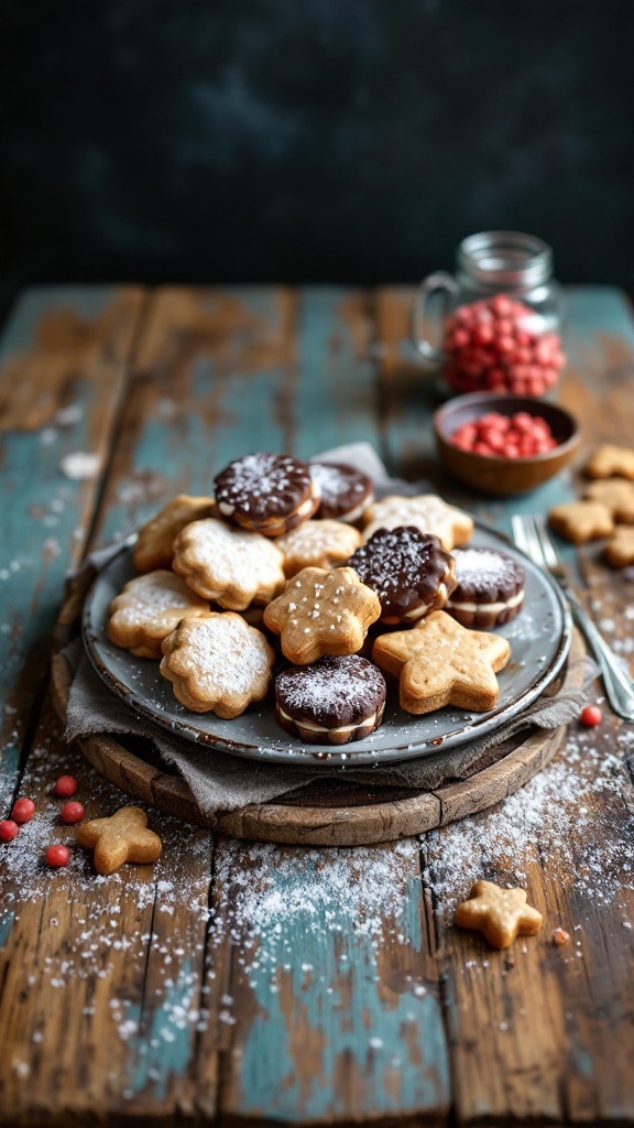 A plate of assorted homemade cookies and treats on a rustic wooden table.