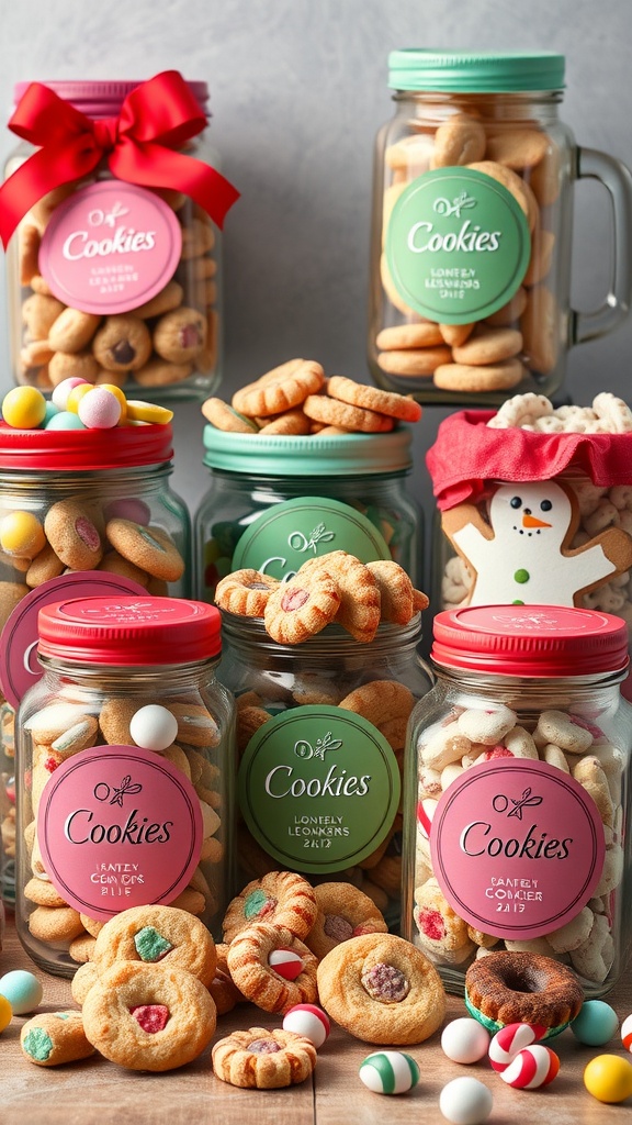 Decorative jars filled with various homemade cookies and candies.