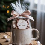 A speckled ceramic mug wrapped in clear cellophane, tied with a pink ribbon, containing hot cocoa mix and marshmallows, placed on a wooden table with scattered marshmallows in front of a blurred Christmas tree.