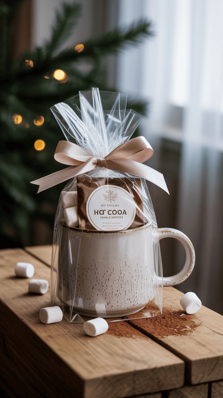 A speckled ceramic mug wrapped in clear cellophane, tied with a pink ribbon, containing hot cocoa mix and marshmallows, placed on a wooden table with scattered marshmallows in front of a blurred Christmas tree.