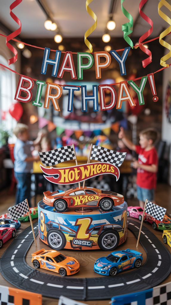 A colorful birthday party decoration featuring a "Happy Birthday" banner with ribbons, a Hot Wheels-themed cake with toy cars racing around it, and children playing in the background.