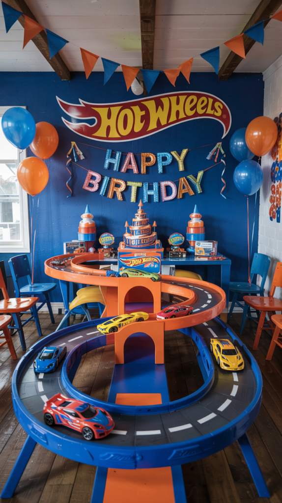 A Hot Wheels themed birthday party setup featuring toy race cars on a multi-level track with bright orange and blue colors. A large 'Happy Birthday' banner and balloons decorate the room, with a Hot Wheels logo prominently displayed on the wall. Tables and chairs in matching colors complete the festive look.