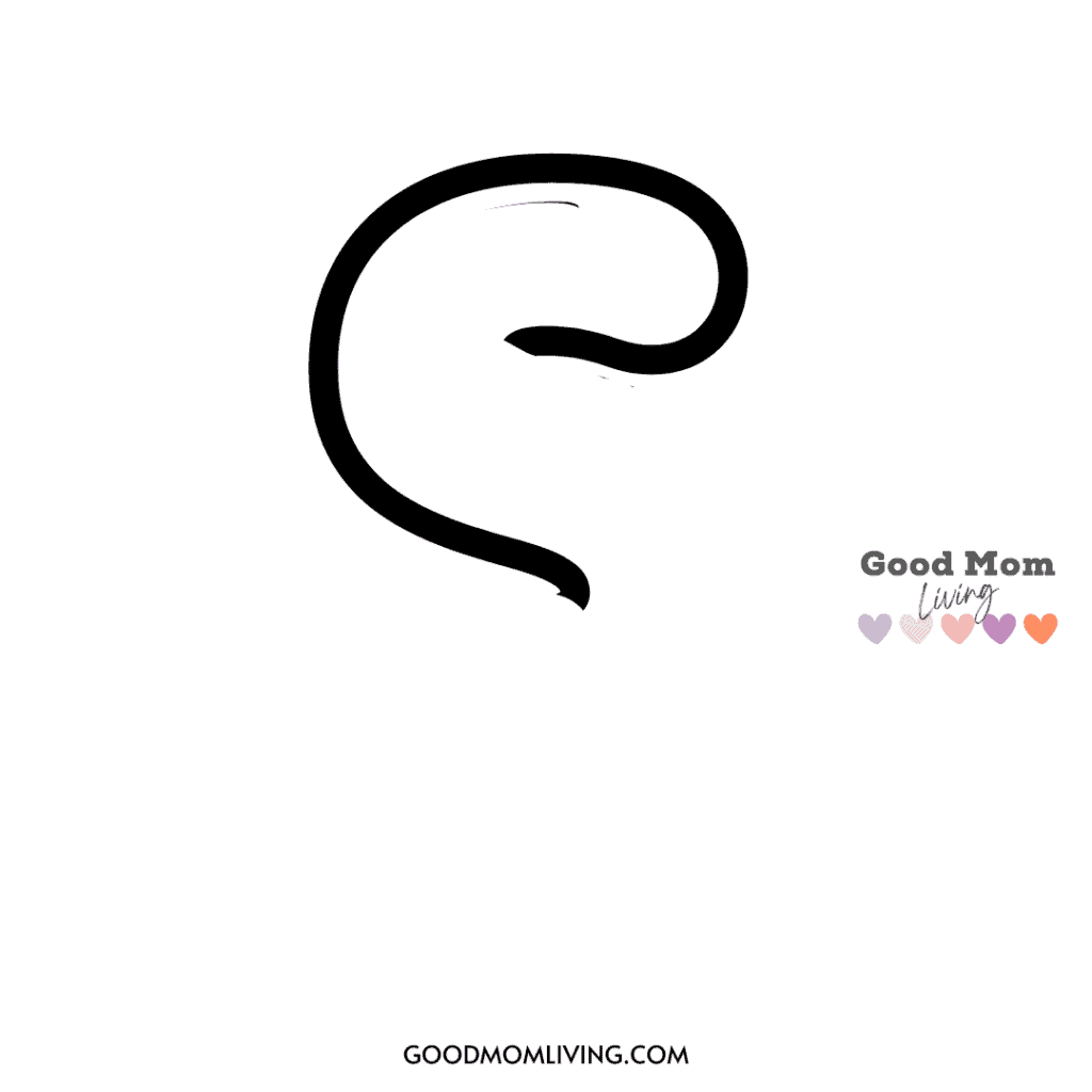 Simple black line illustration resembling a stylized lowercase "e" with the text "Good Mom Living" and a row of colored hearts in the bottom right corner.