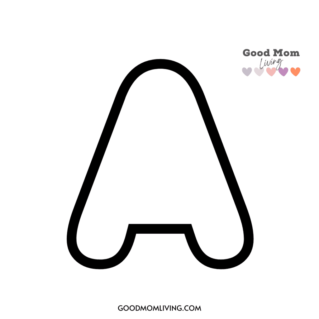 A bold, black outline of a stylized letter 'A' with rounded edges on a white background, featuring the text 'Good Mom Living' with colored hearts and the website URL goodmomliving.com at the bottom.