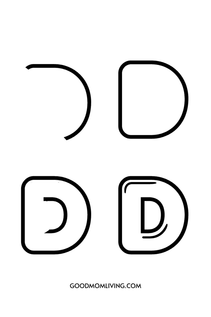 Four stylized capital 'D' letters arranged in a square grid, each with varying thickness and design, on a white background. Text at the bottom reads 'GOODMOMLIVING.COM'.