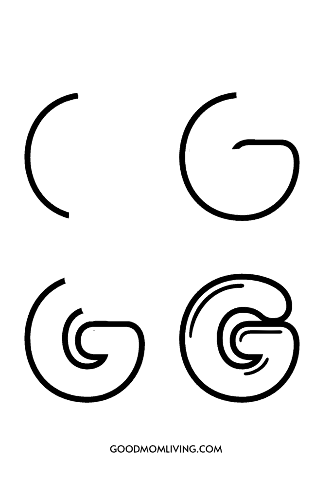 Progressive outline drawing of a letter 'G' in four stages, from a partial curve to a fully closed spiral design, with text "GOODMOMLIVING.COM" below.