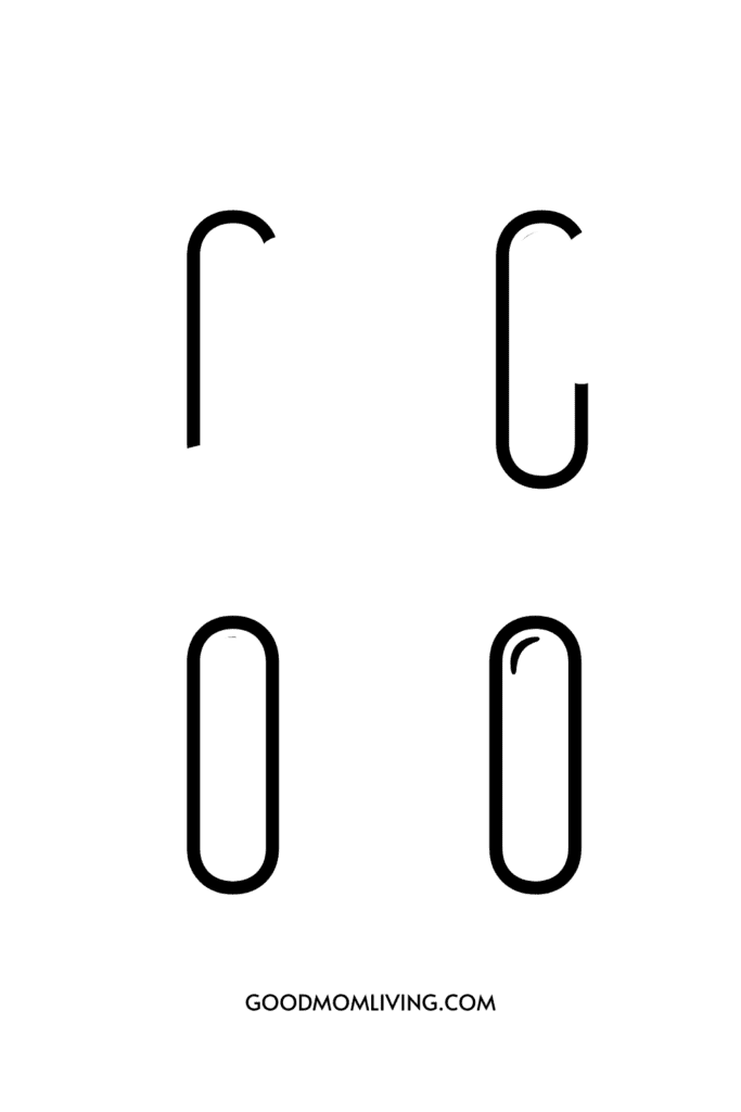 Illustration of four simple geometric shapes resembling sections of lines and curves, arranged in a two-by-two grid.