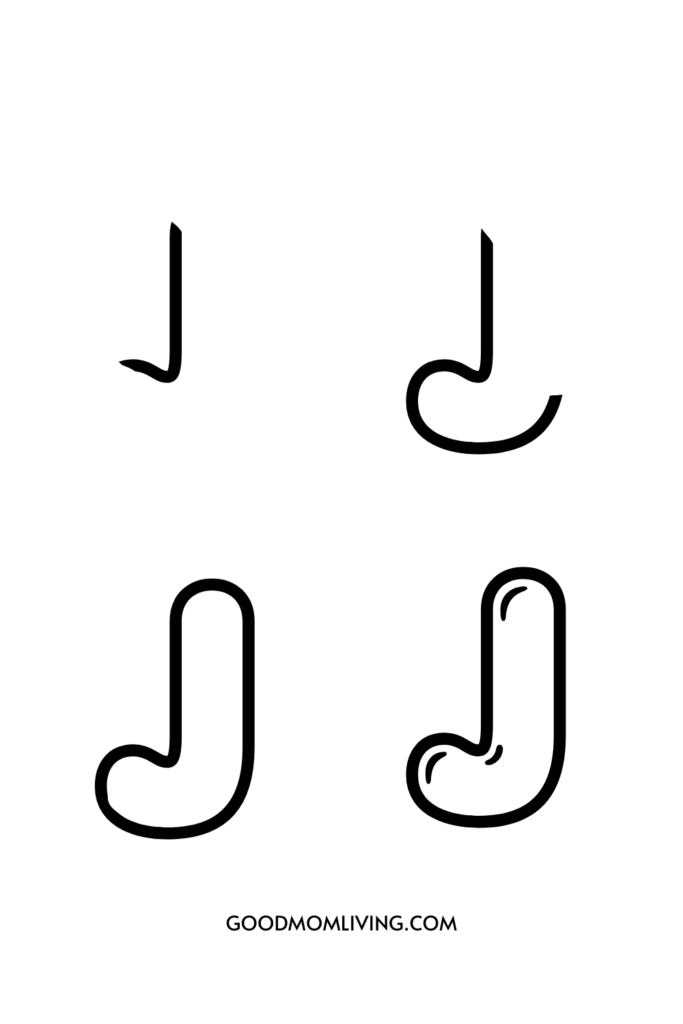 Illustration showing the step-by-step drawing process for the letter 'J' in four stages, starting from a simple line to a rounded, detailed shape.
