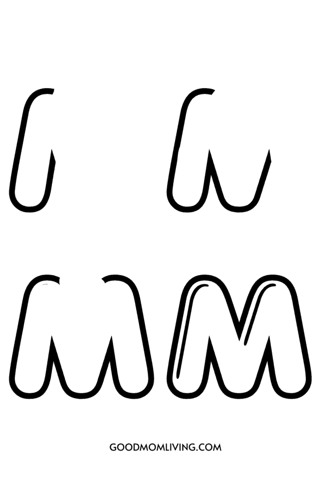 Stencil letters 'M' and 'M' in black outline with three different styles, accompanied by the text 'GOODMOMLIVING.COM' at the bottom.