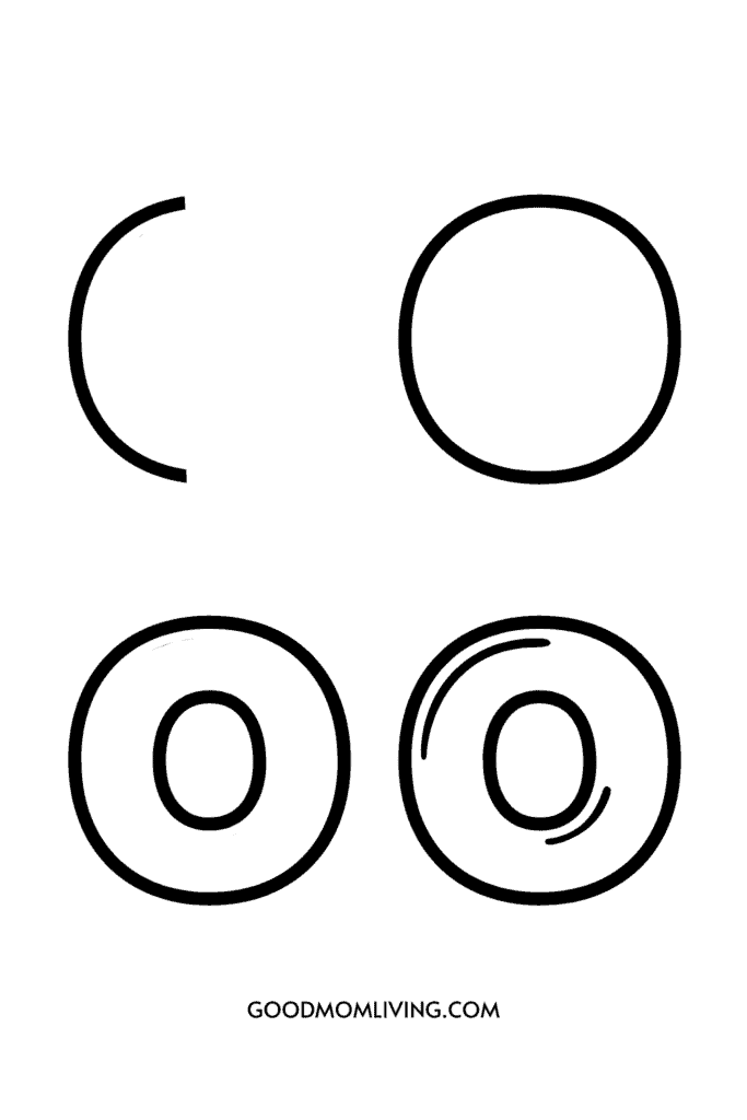 A worksheet with two incomplete letter 'O's at the top row and two complete letter 'O's at the bottom row, labeled "GOODMOMLIVING.COM" at the bottom.