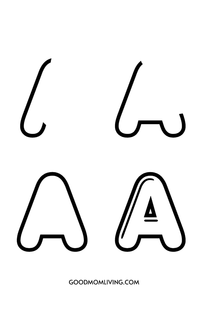 Four stylized letter A graphics in various stages of development from simple outlines to more detailed forms.