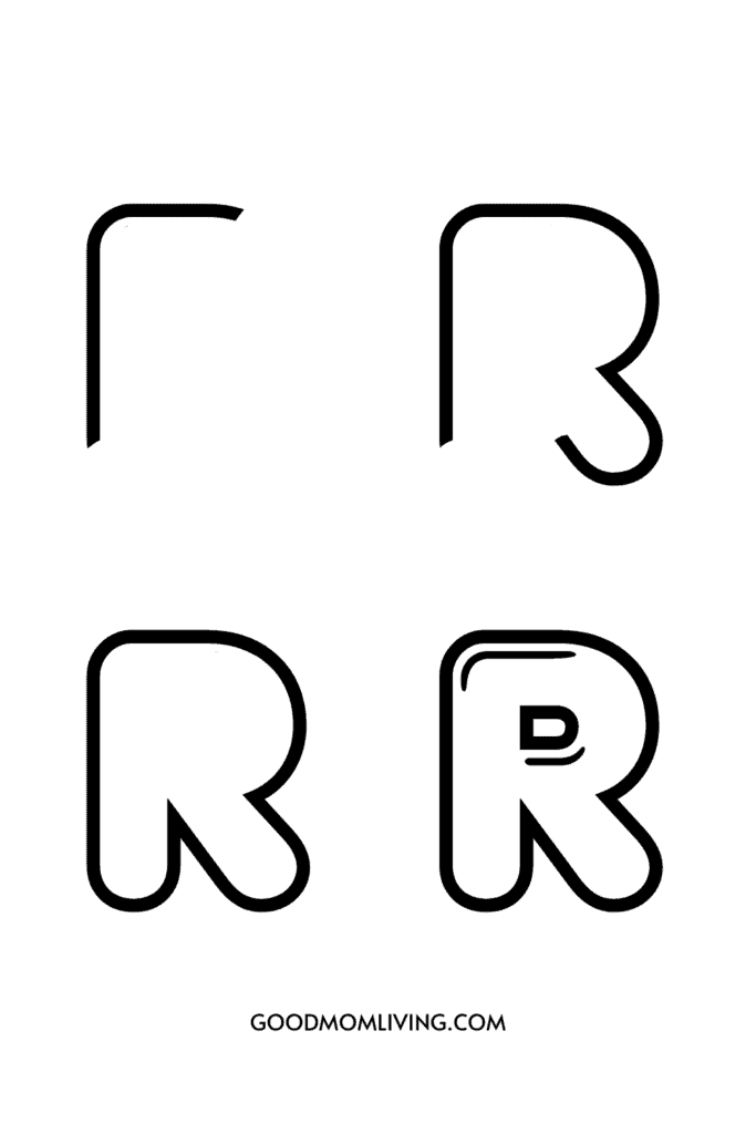 Illustration showing a step-by-step drawing guide to create a letter R, starting with a basic outline and progressively adding details and shading.