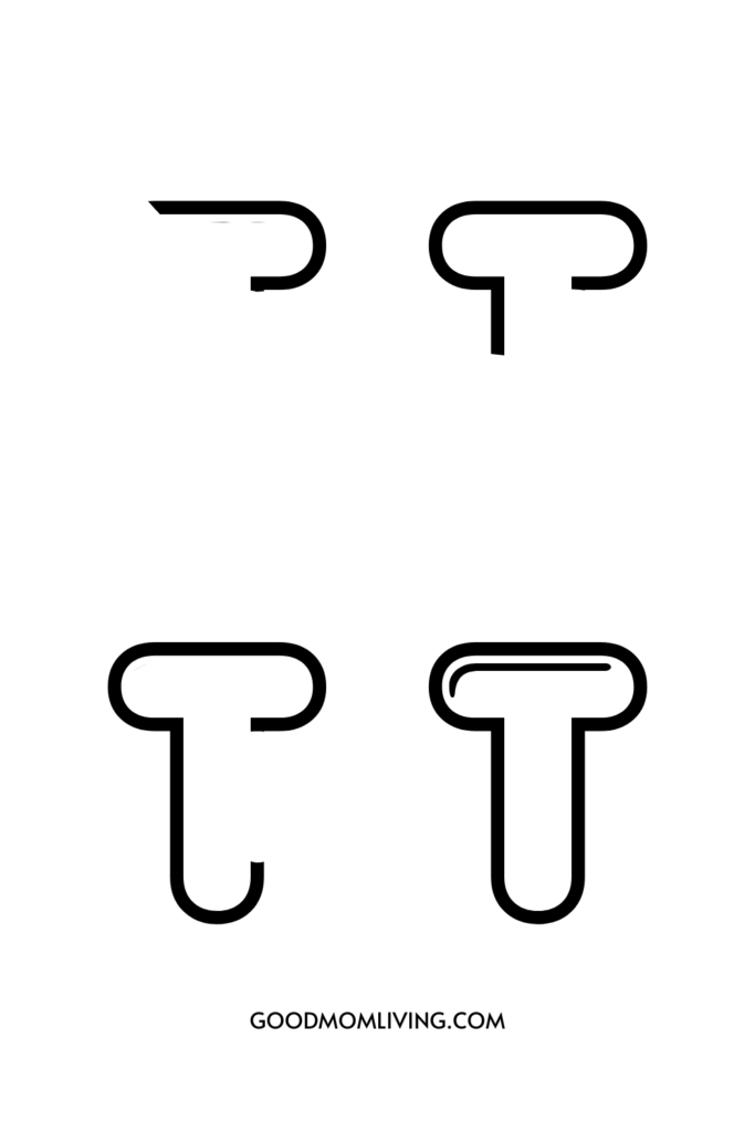 A diagram showing four stages of a simplified letter 'T' design, with each stage displaying a progressively thicker and more defined outline. The sequence moves from top left to bottom right.