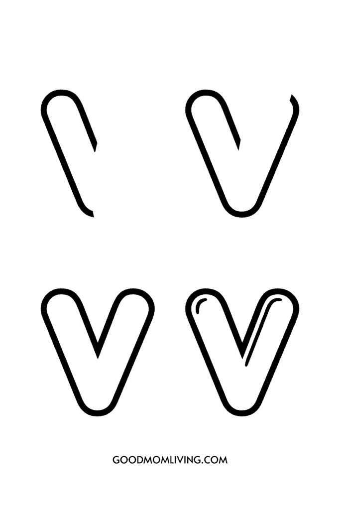 A practice worksheet with a V shape for lettering or coloring, featuring different styles of the letter V in black outline, arranged in two rows of two.