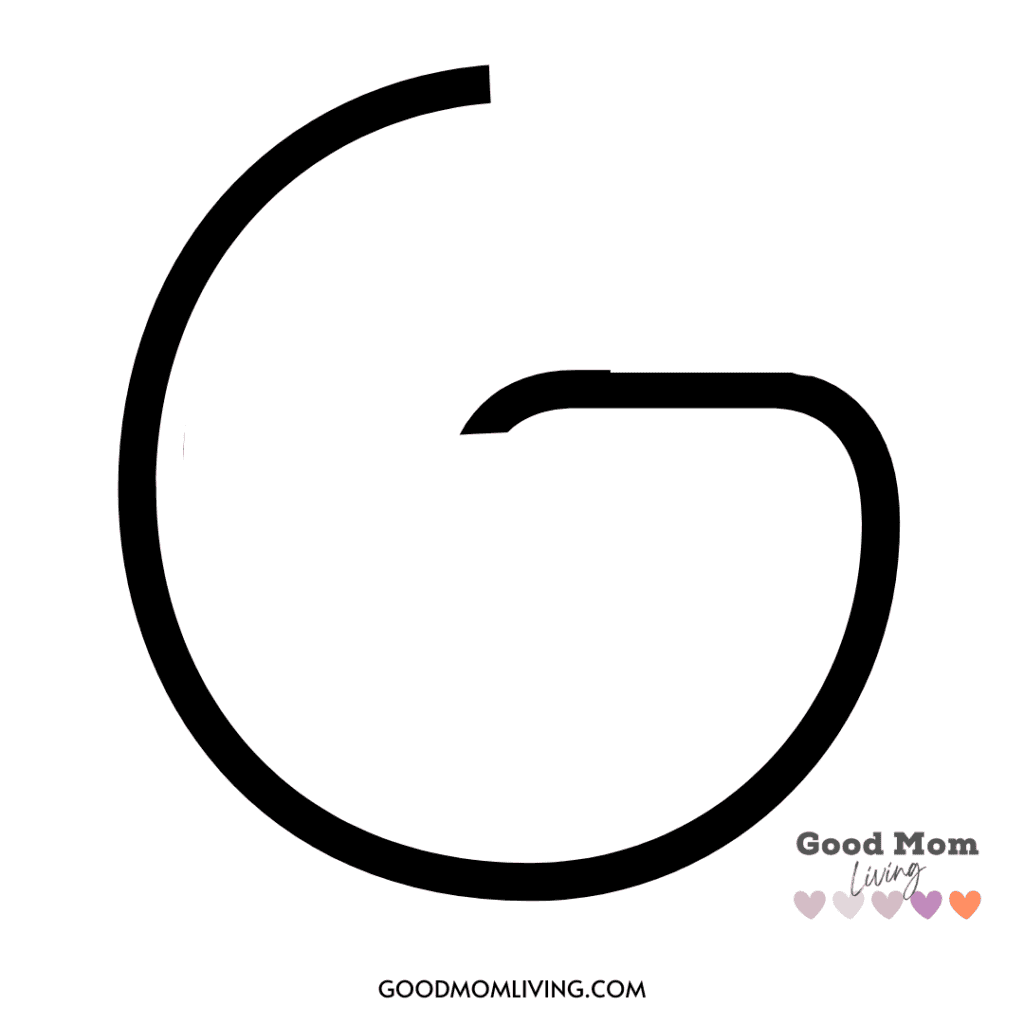A stylized lowercase 'g' with a thick black line, accompanied by the text 'Good Mom Living' and a series of small colored hearts below it.