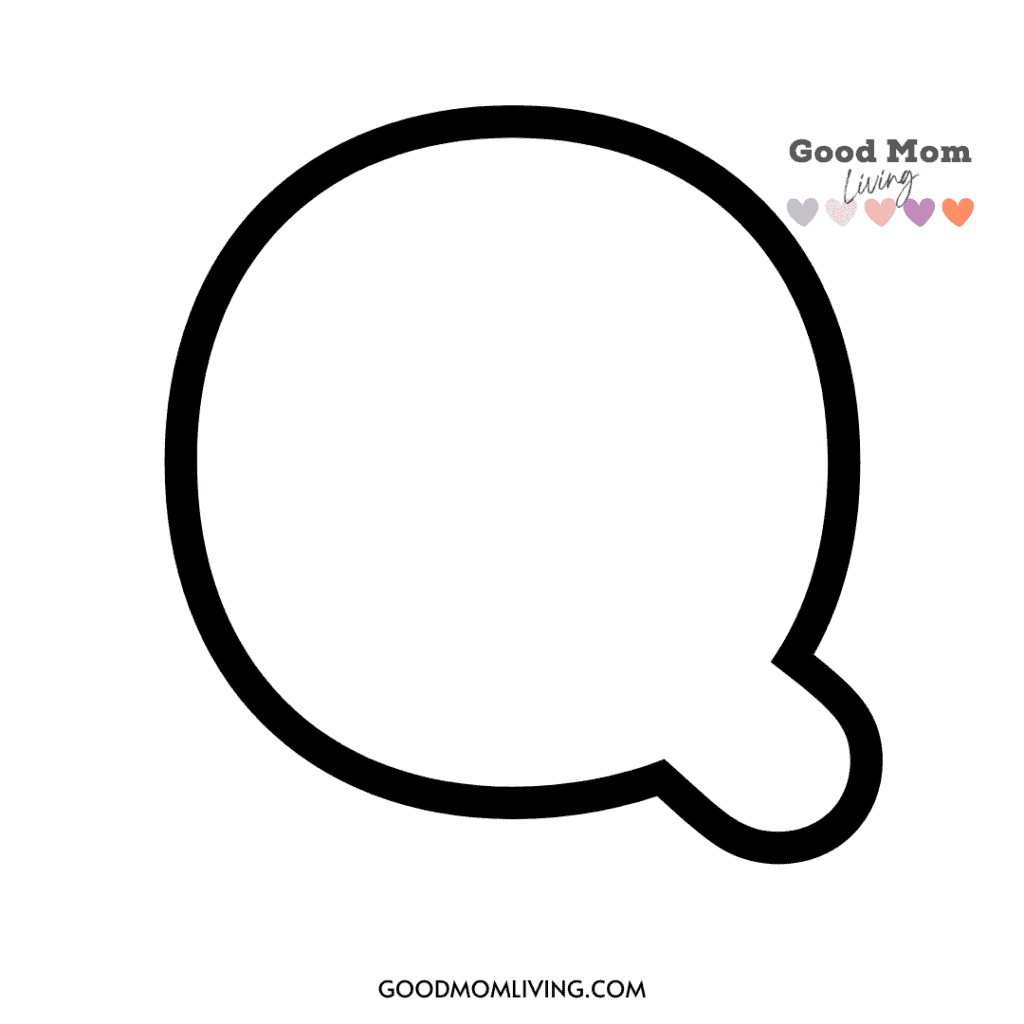 A simple black speech bubble outline against a white background with the words "Good Mom Living" and colorful hearts in the top right corner.