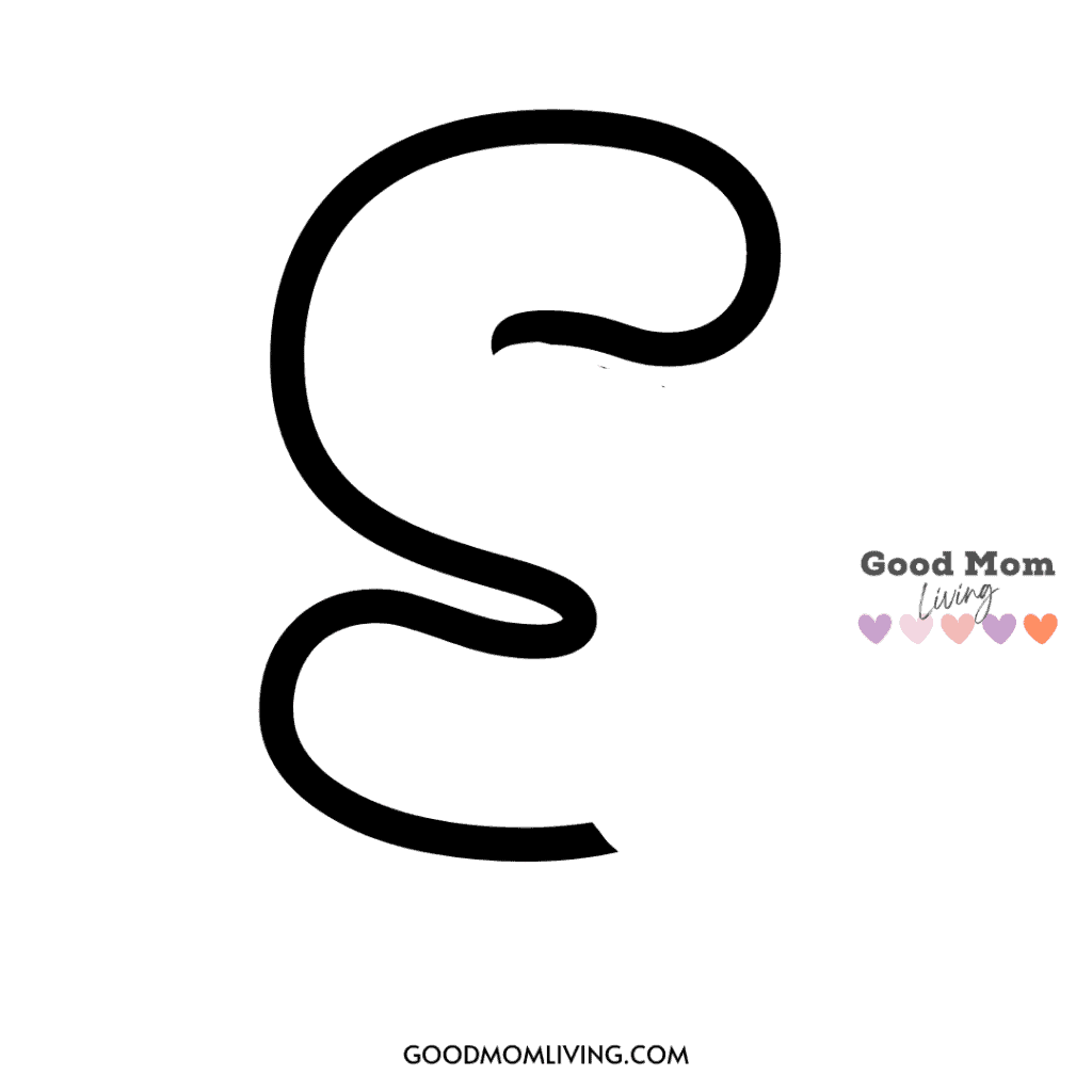 Stylized letter 'E' in black on a white background, with 'Good Mom Living' and colorful hearts in the bottom right corner.