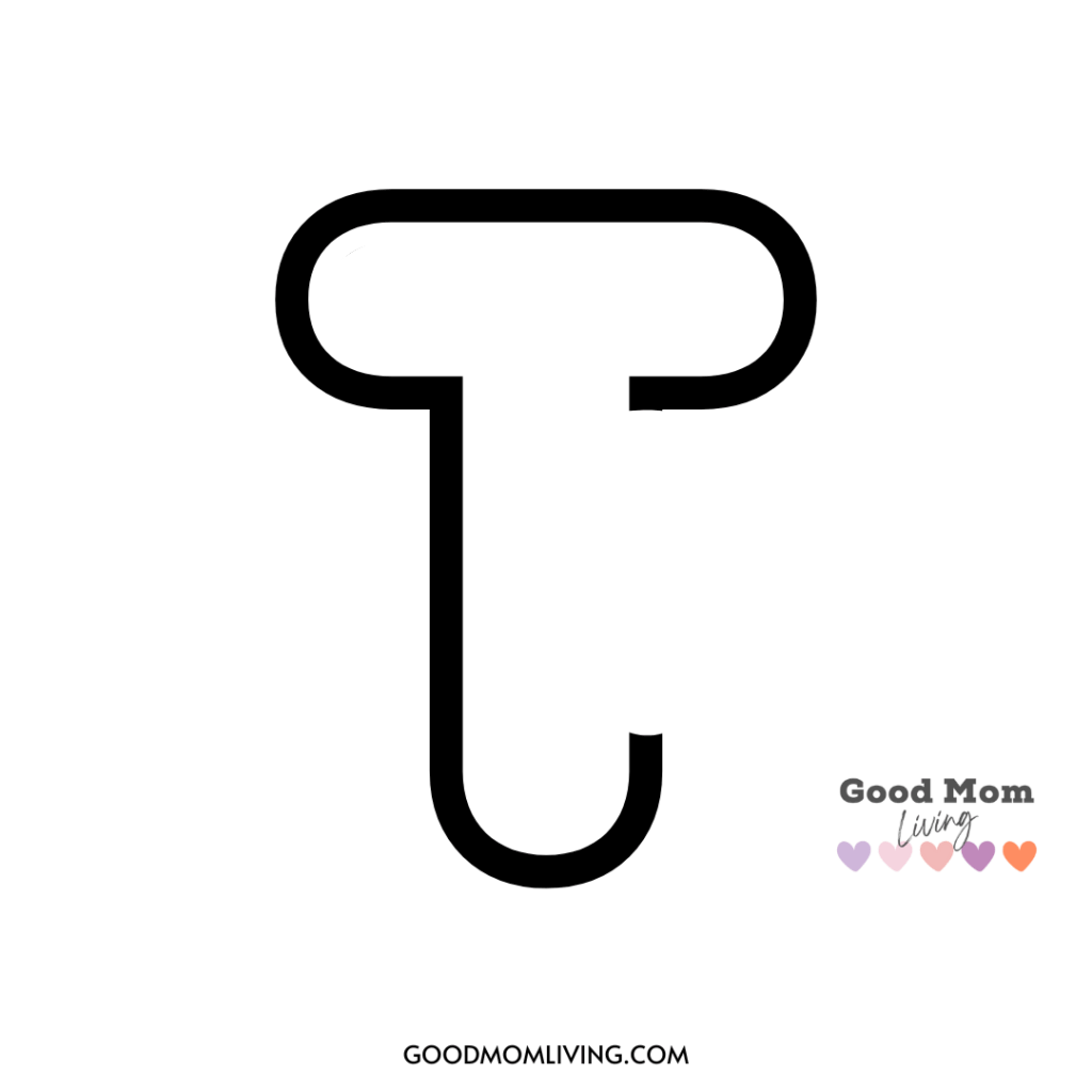 A simplified black outline of a tea bag with rounded edges on a white background, featuring the words 'Good Mom Living' with a series of small heart icons in purple, pink, and orange at the bottom right corner.