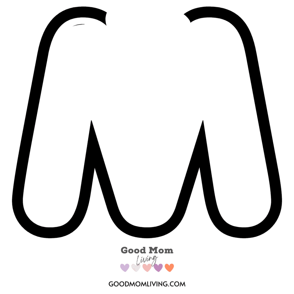 A large, bold black letter 'M' with a website name 'Good Mom Living' and an assortment of colorful hearts underneath it.